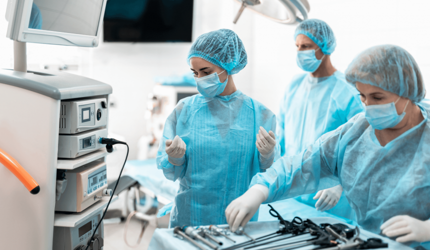 Illustration of advanced general surgery and laparoscopy procedures, showcasing modern surgical techniques in a sterile operating room environment.